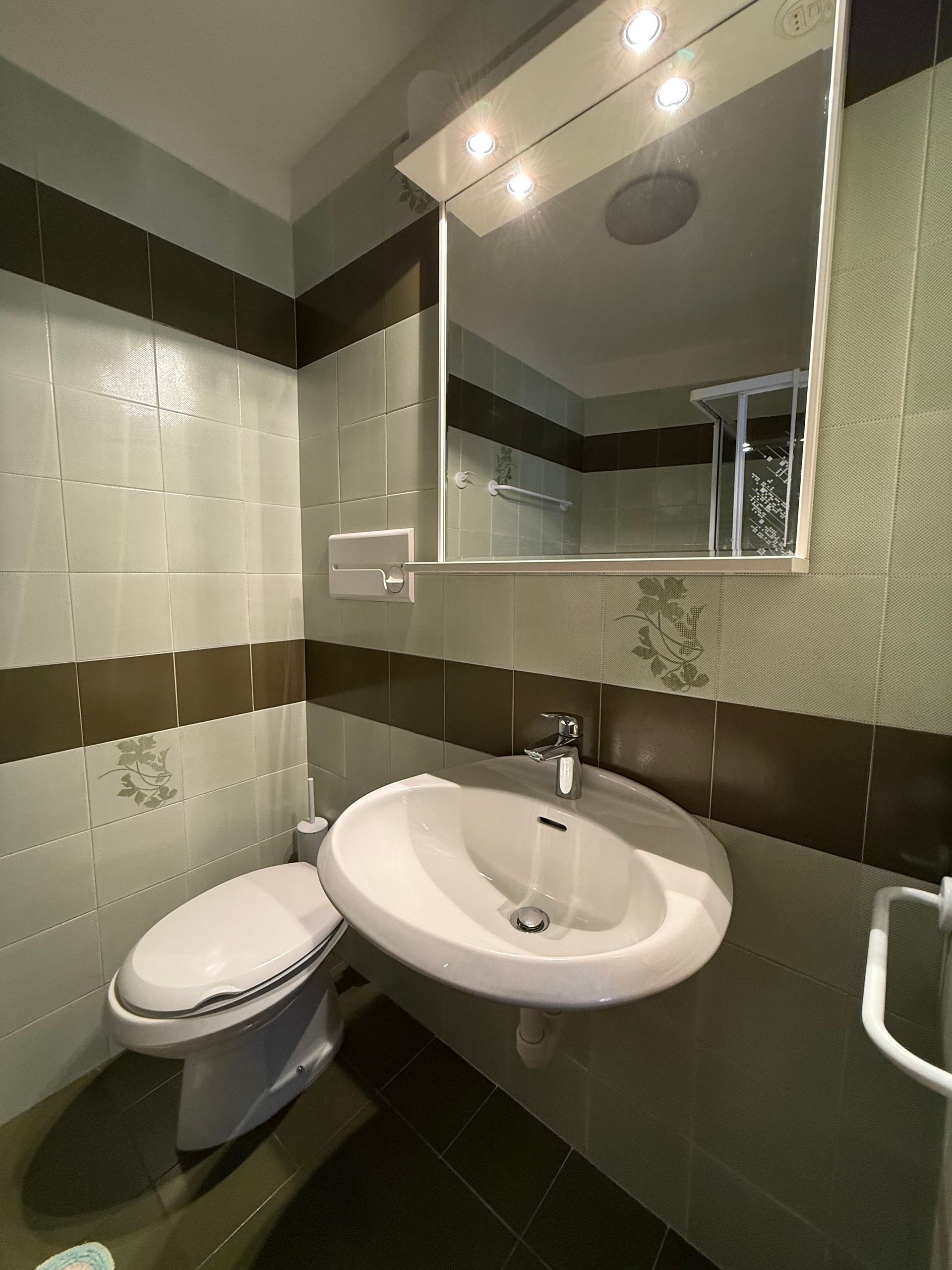 Un bagno con wc, lavandino e specchio.
