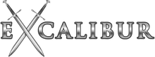 A logo for excalibur with two crossed swords