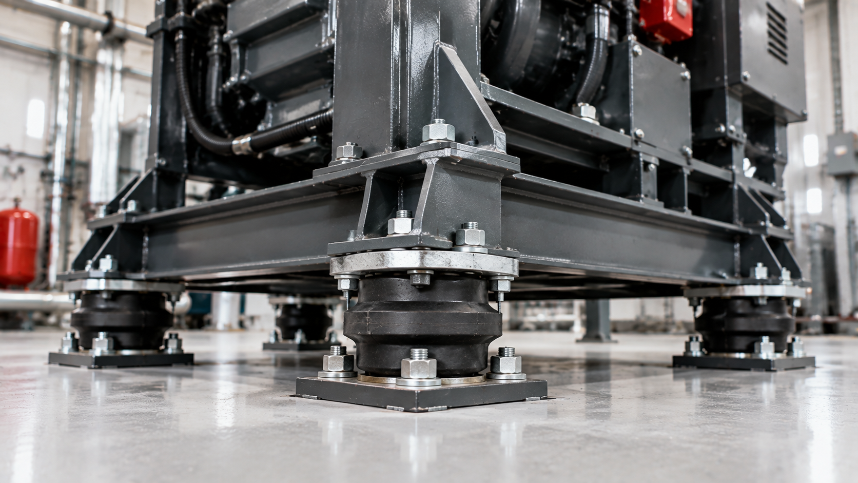 Industrial machinery on vibration isolators in a factory, black metal frame on a polished floor.