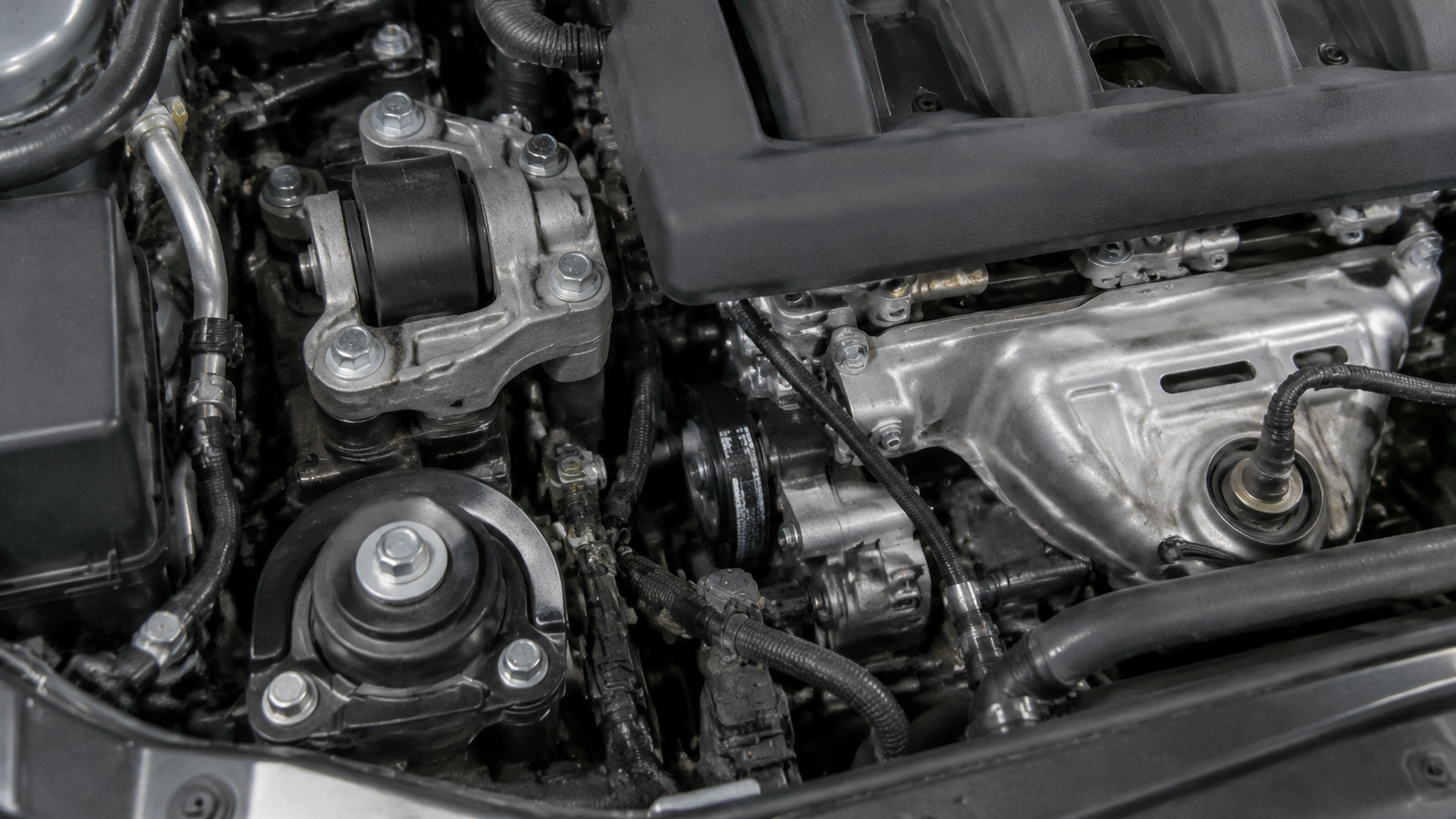 Close-up of a car engine bay with hoses, metal components, and a black engine cover