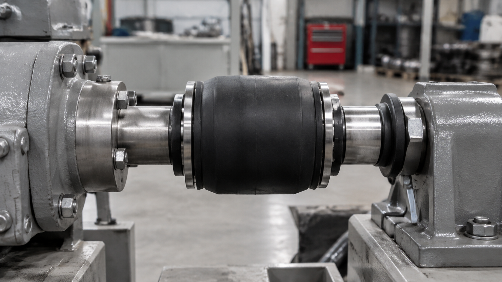 Industrial machine shaft with a black rubber coupling mounted between two metal housings in a workshop.
