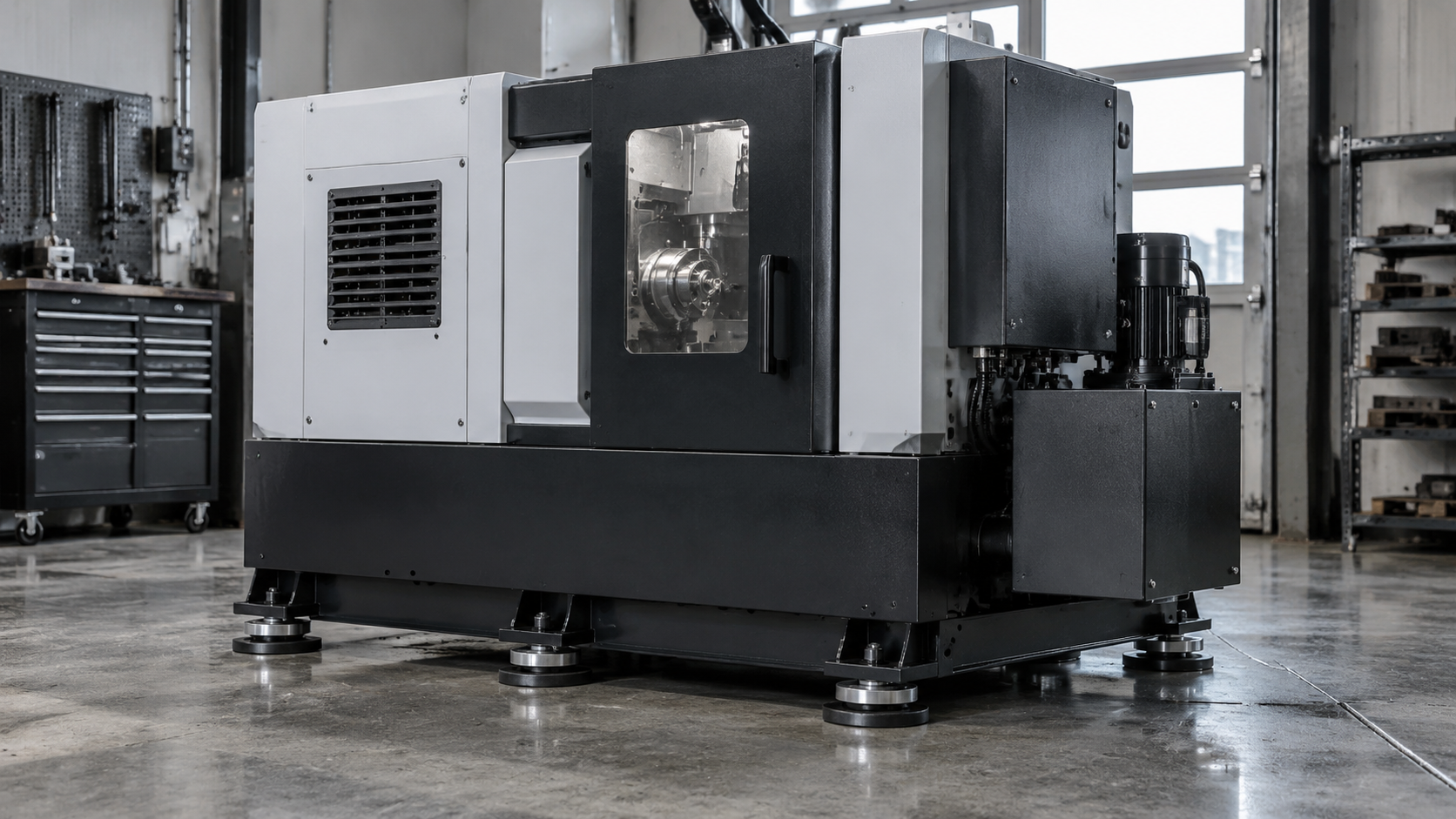 Large industrial machine in a workshop, with gray and black panels on a wet concrete floor.