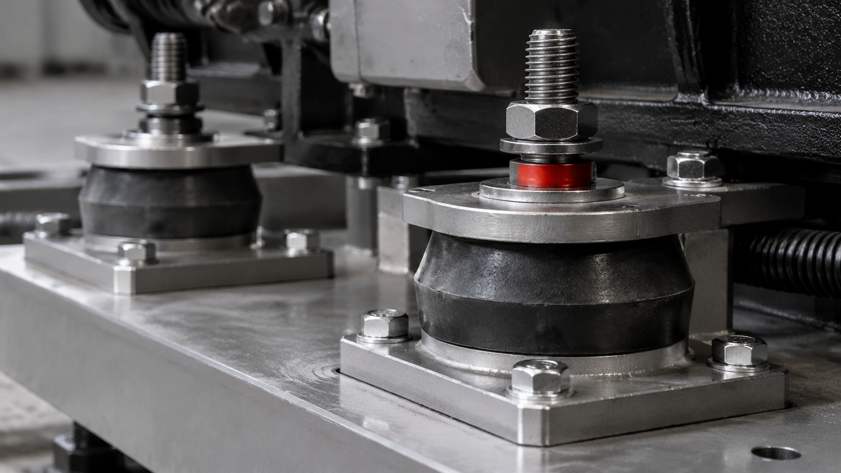 Industrial machinery with two black rubber vibration mounts bolted to a metal frame