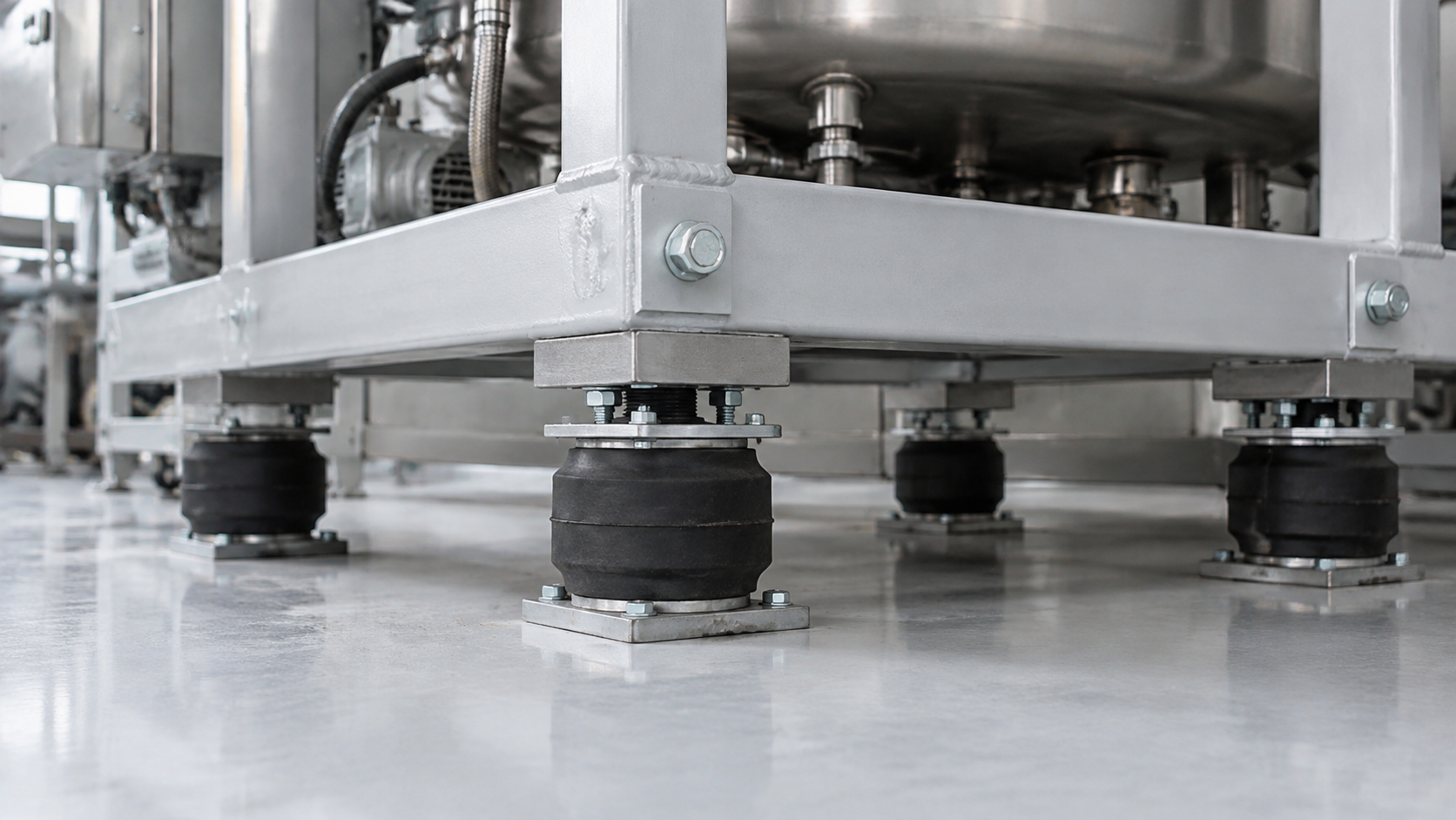 Industrial machine on black vibration mounts in a clean stainless steel factory setting