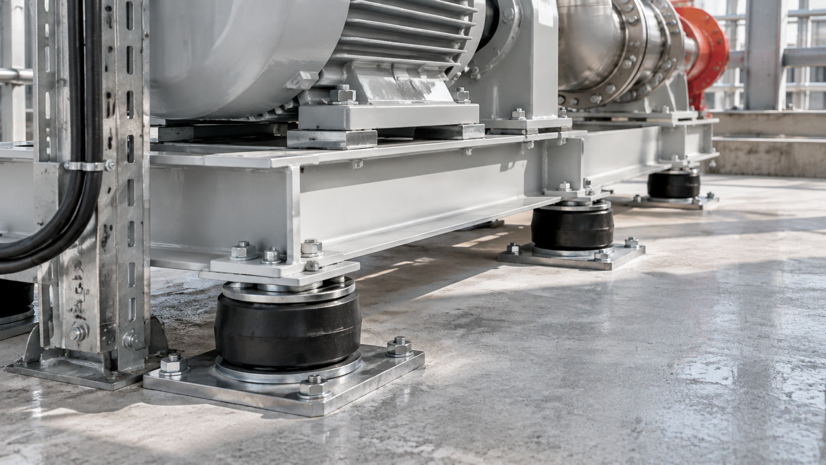 Industrial machinery on vibration mounts in a clean factory setting, with pipes and a polished floor