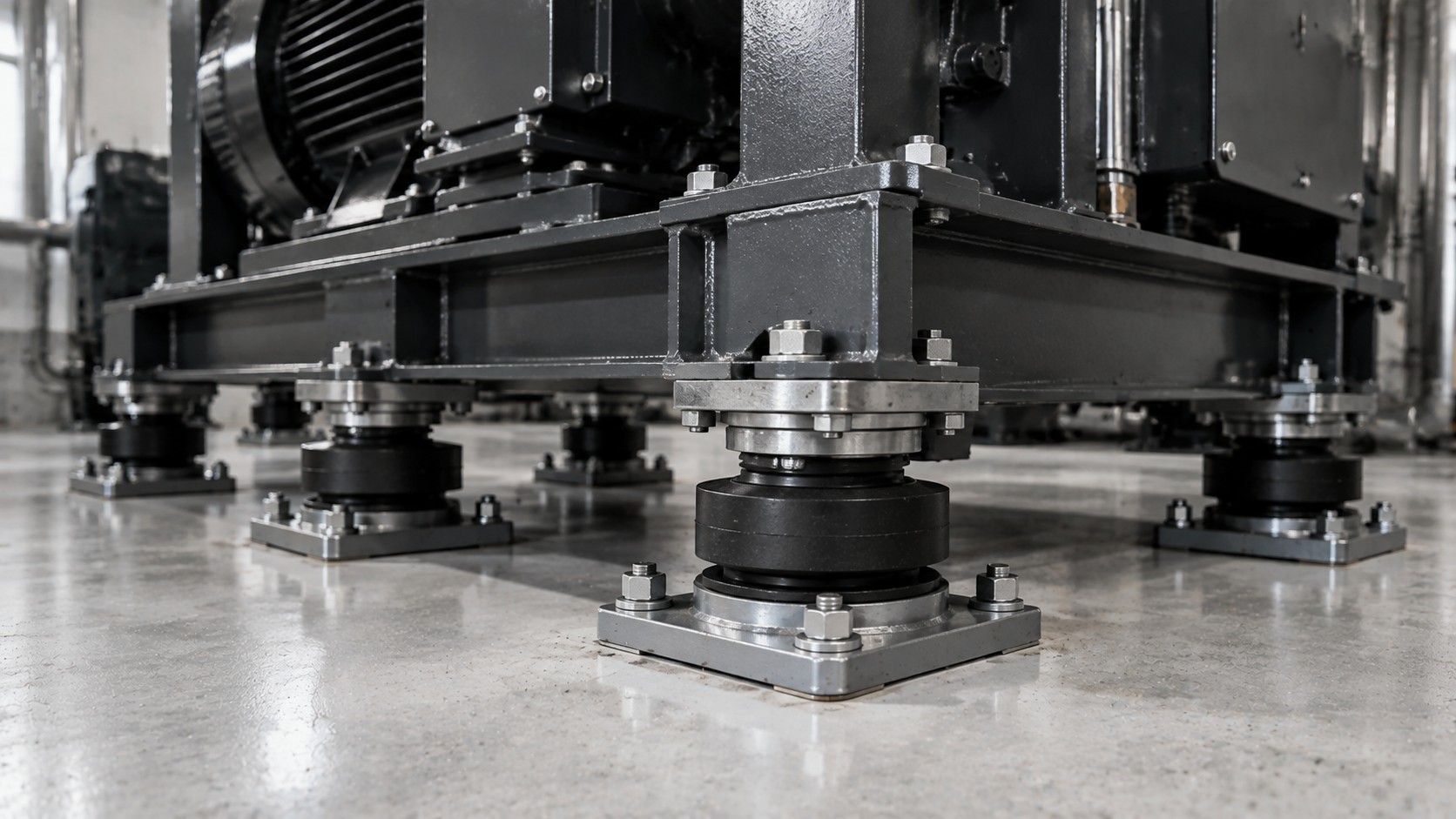 Industrial machine on black vibration isolators, shown close-up on a concrete floor.