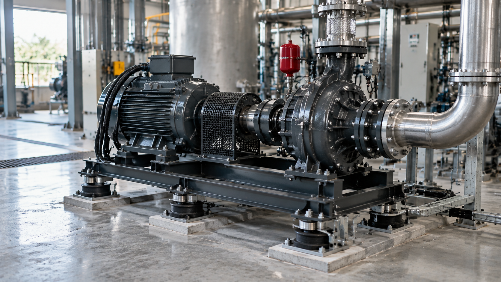 Industrial black pump/motor assembly in a stainless steel plant room with shiny pipes and wet floor
