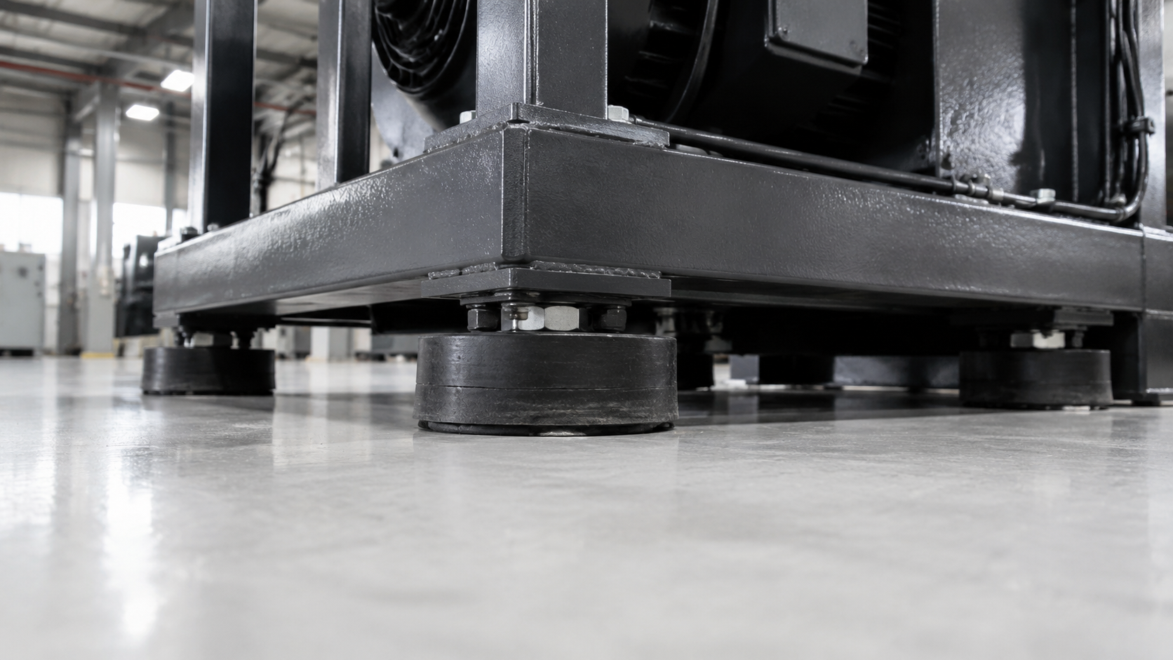 Heavy industrial machine base on a polished factory floor, with black supports and metal structure.