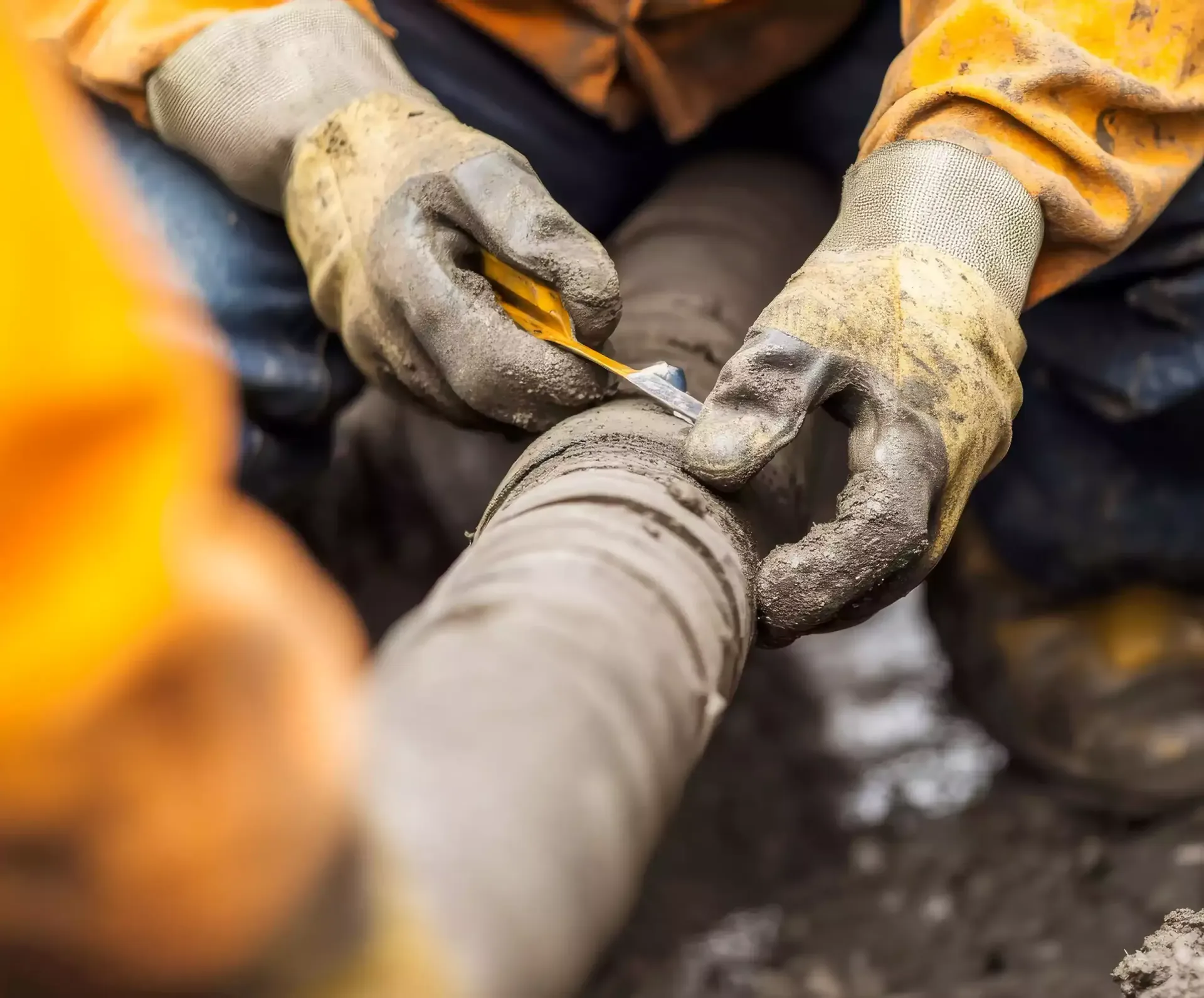 Hands in work gloves cutting a core sample from a cylindrical pipe, outdoors.