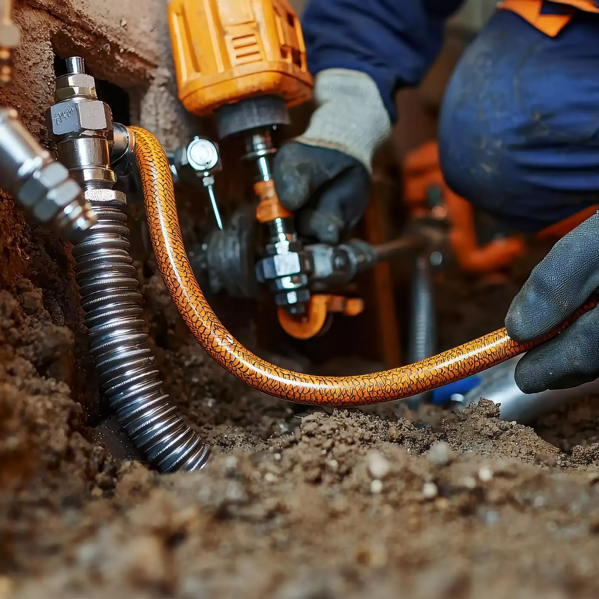 A person in work gloves connecting orange flexible gas pipe to metal pipes in an outdoor excavation.