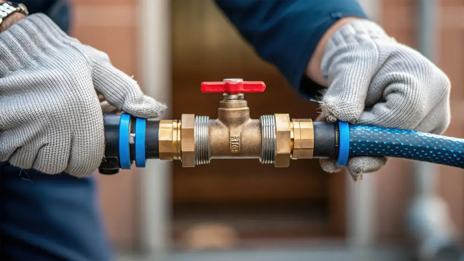 A medium closeup that captures the moment a hose connects to a backflow preventer with the installer