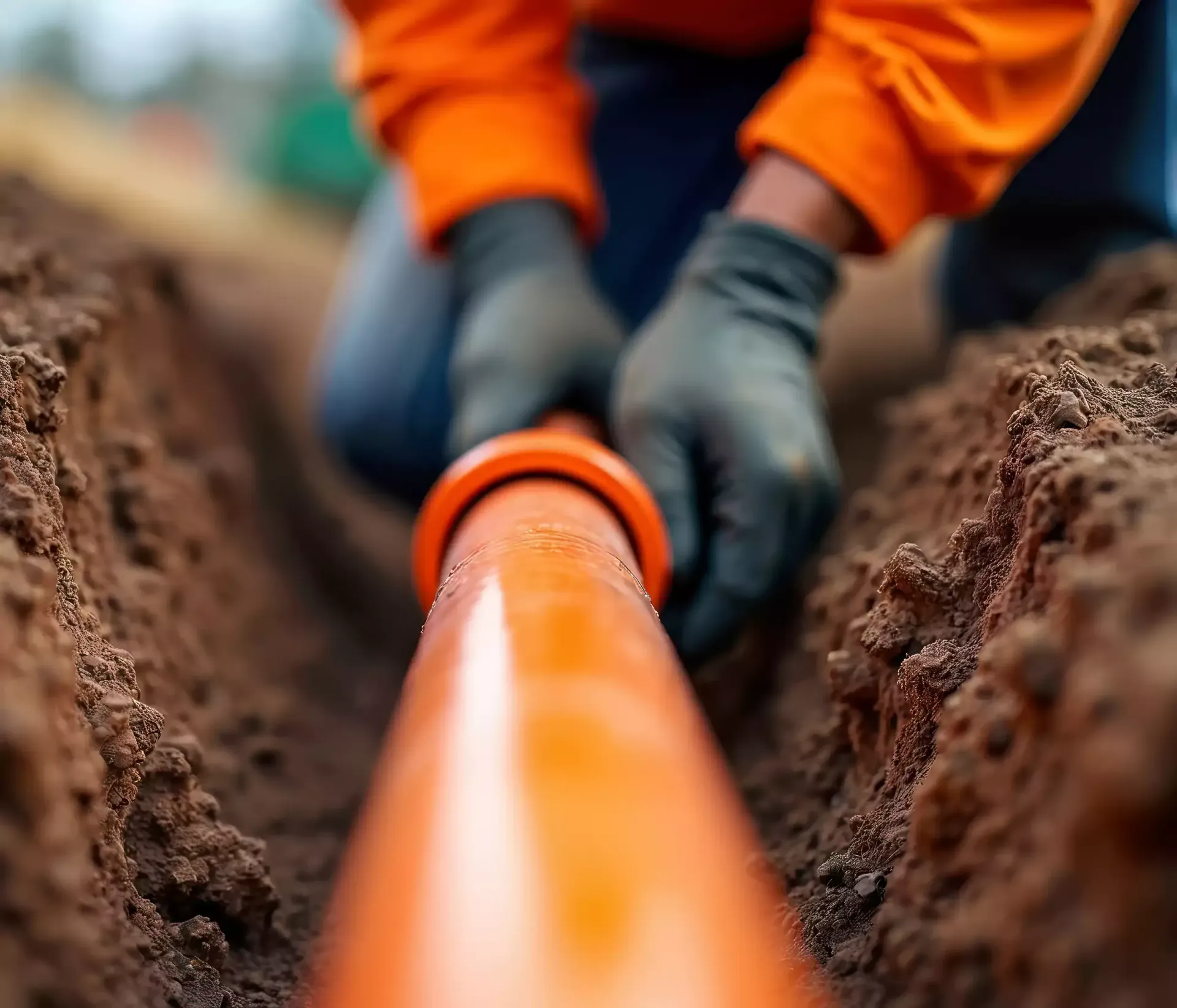 Person connecting orange pipe sections in a trench, wearing gloves and an orange shirt.