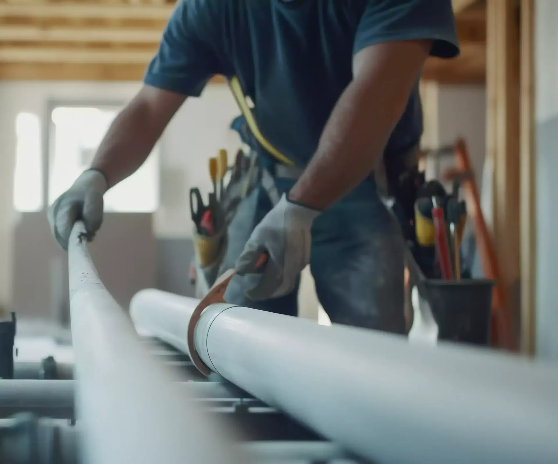 Construction worker fitting PVC pipes in a building.