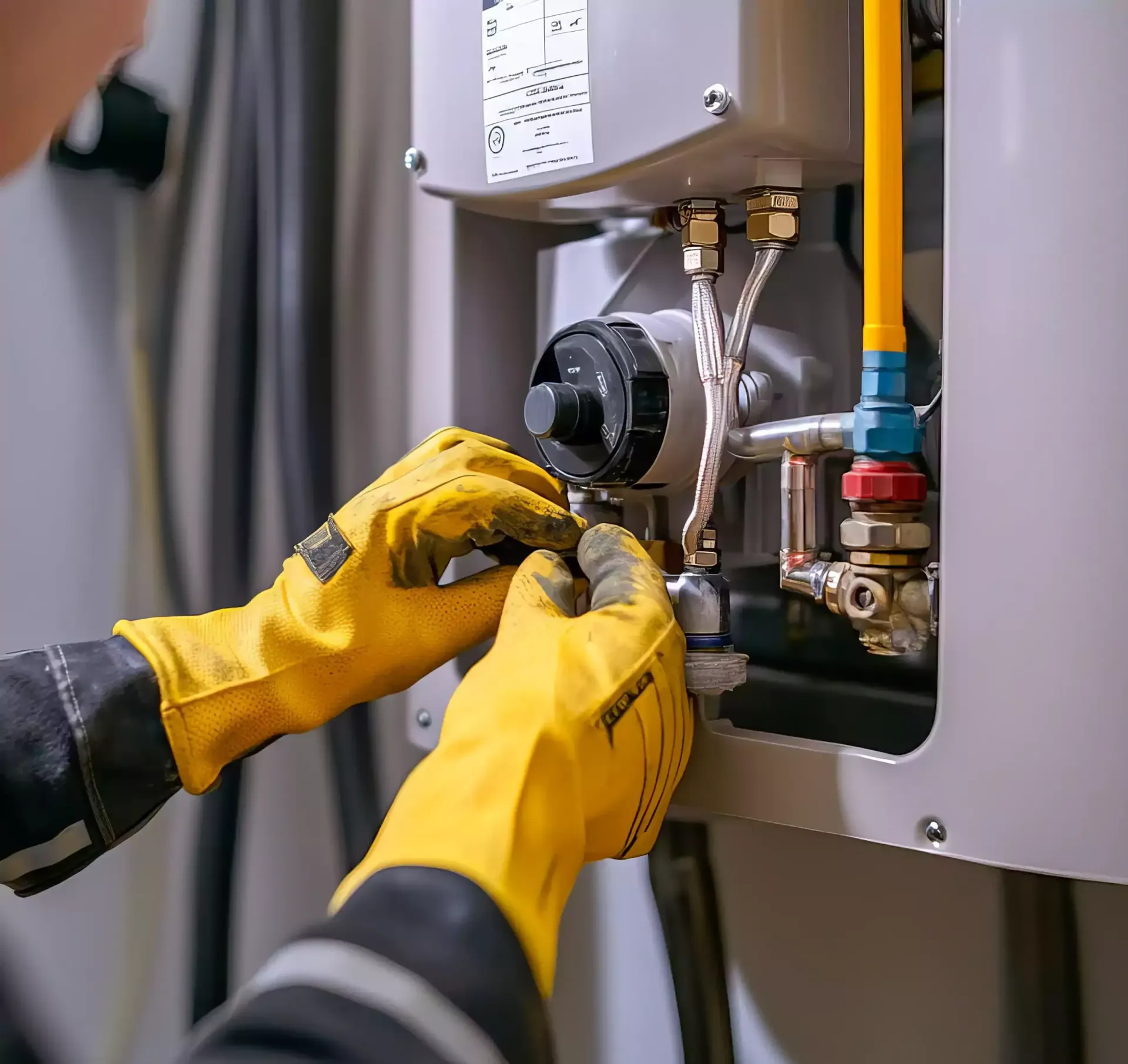 Person in yellow gloves working on a water heater, indoors.
