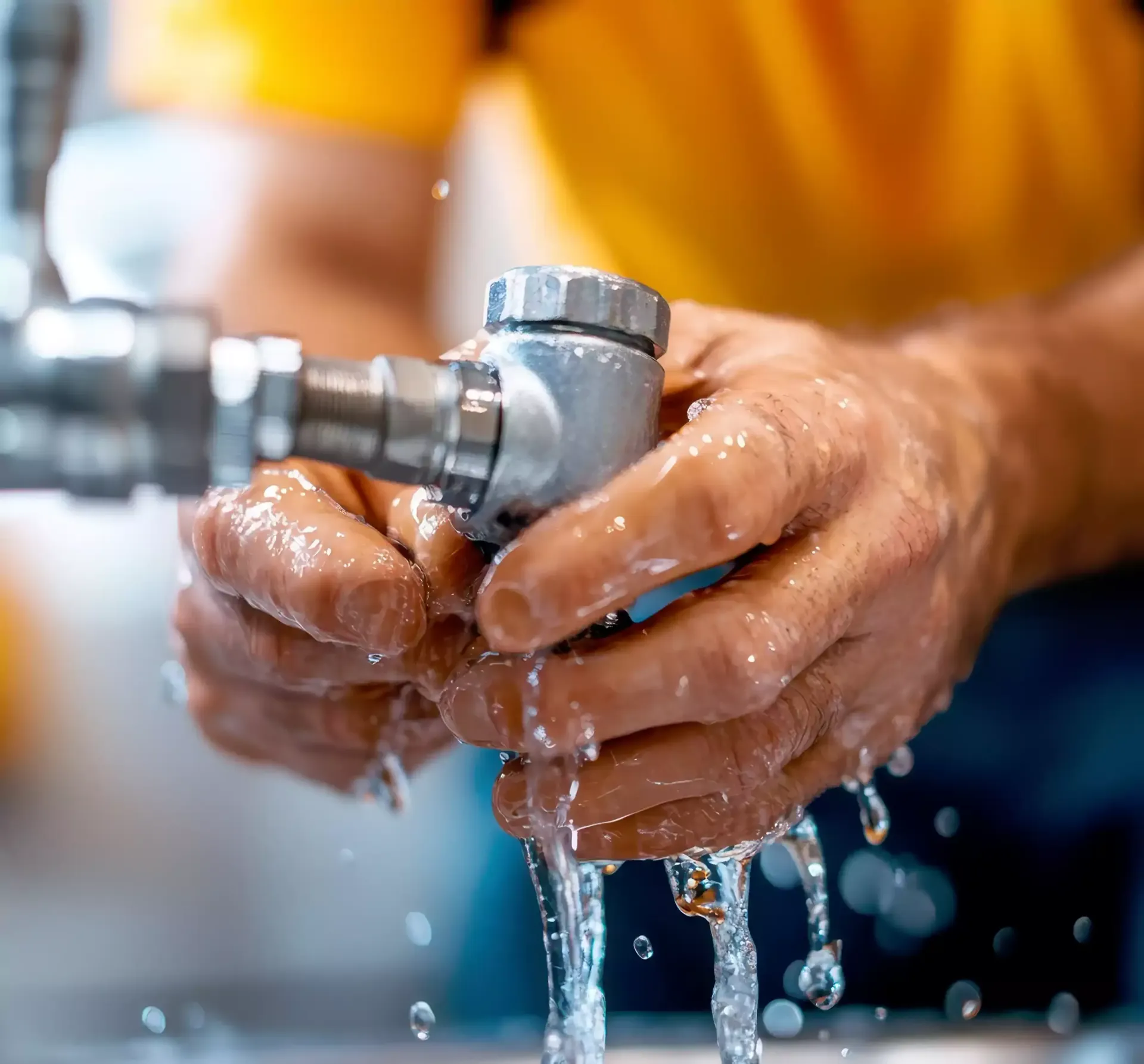 Person's hands holding a metal plumbing fixture under running water, yellow shirt in background.
