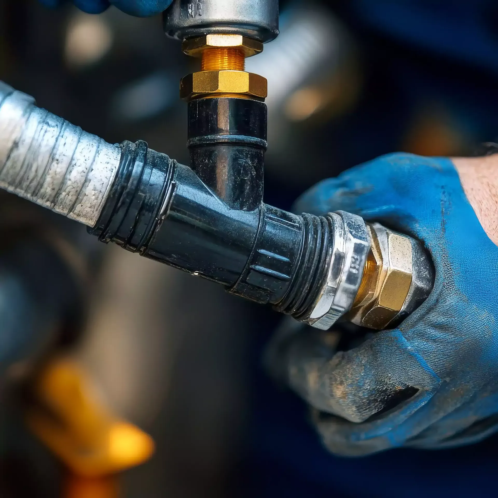 Hands in blue gloves connecting plumbing pipes.