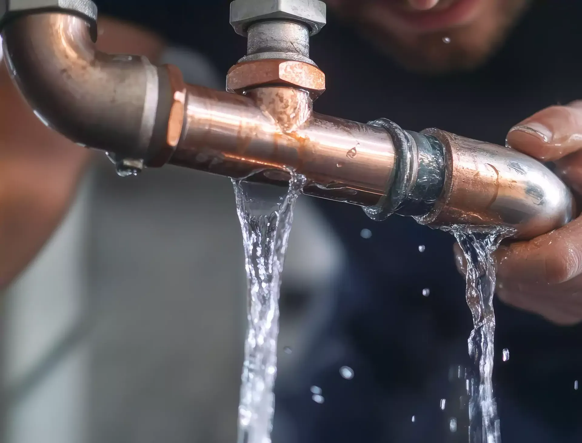 Man examining a leaking copper pipe, water gushing out.