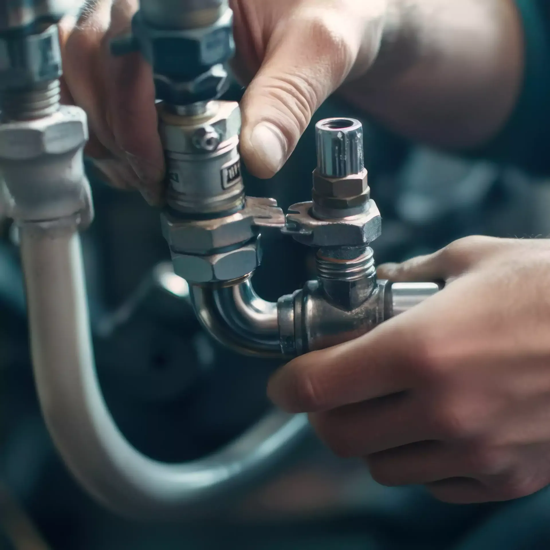 Hands connecting metal pipes with various fittings.