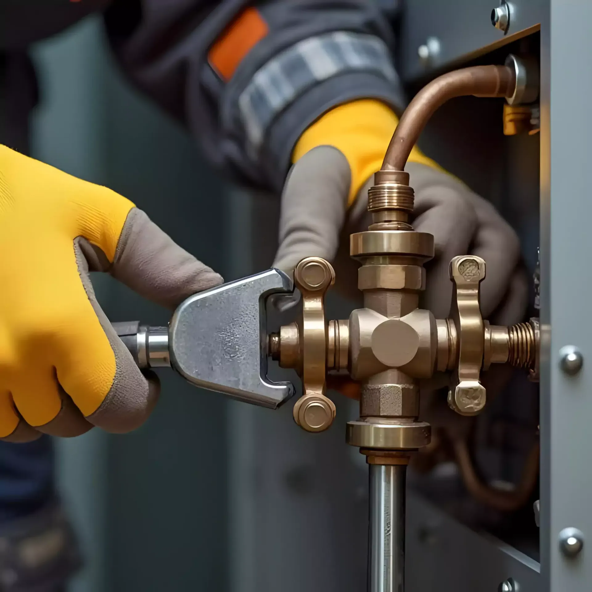 Hands wearing gloves using a wrench to work on a brass valve and copper pipe.