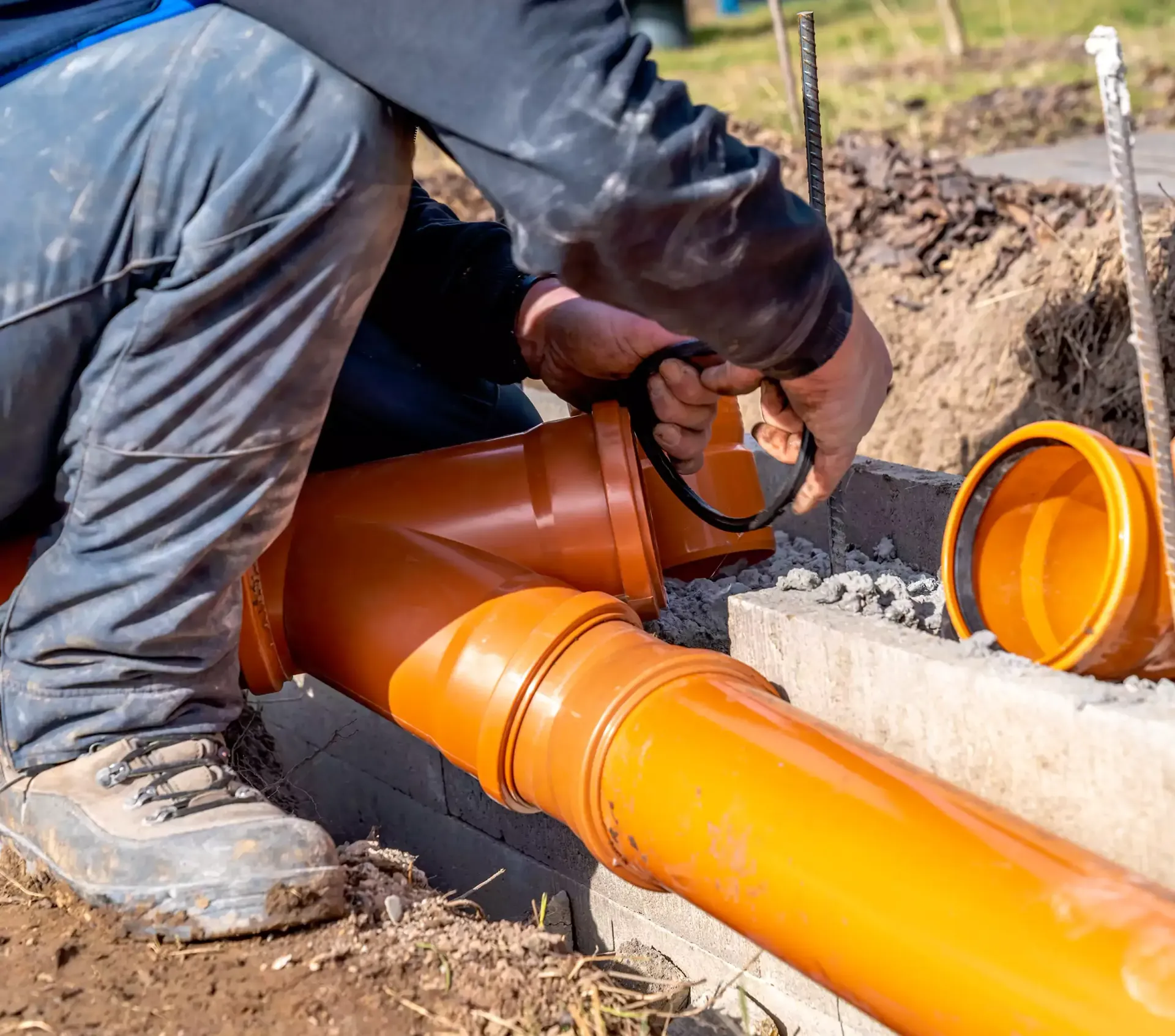 Plumber connecting orange drainage pipes in outdoor setting.