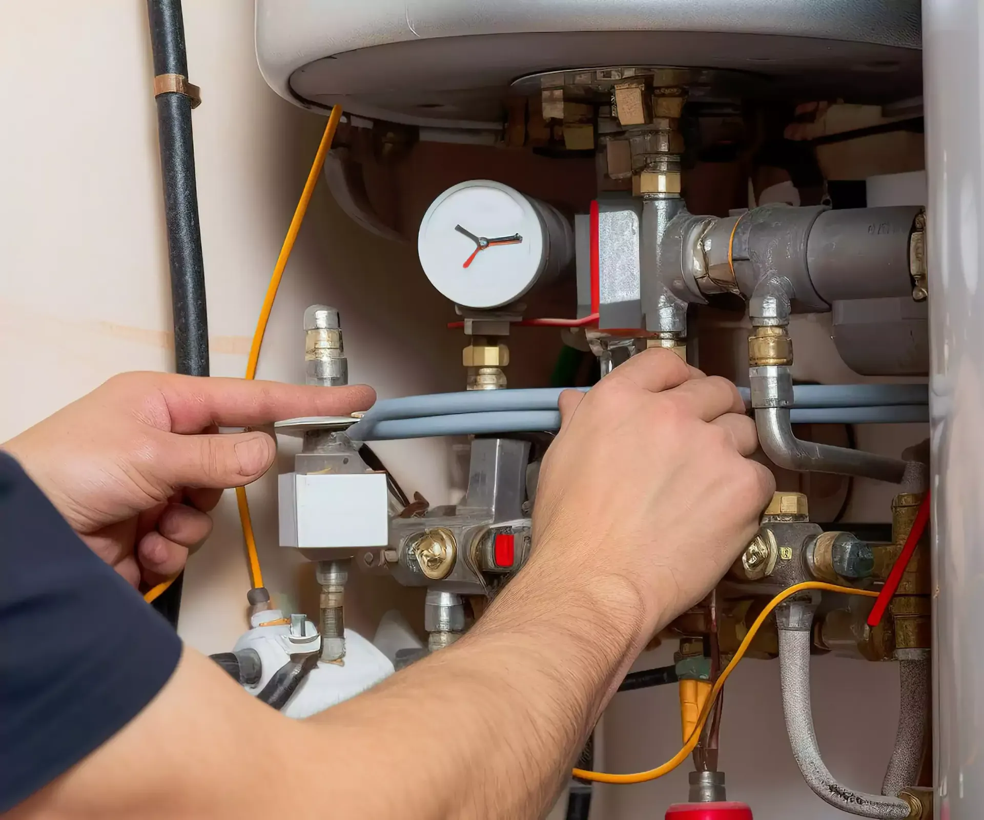 Person working on plumbing, connecting pipes with tools near a water heater.