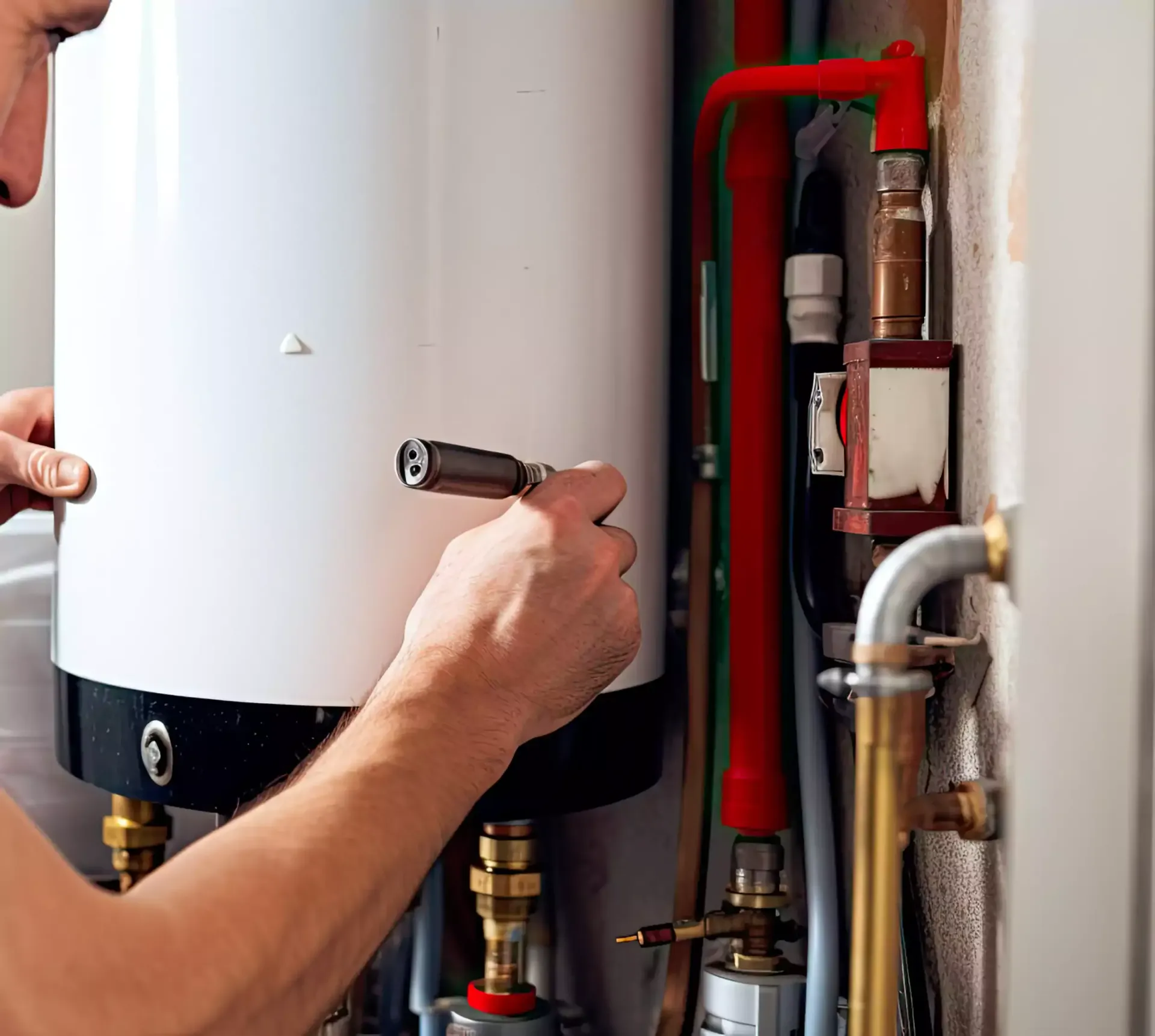 Person inspecting a white water heater with a tool, plumbing visible against a white wall.