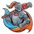 Knight in shining armor with a red wrench, wearing blue and orange cape.