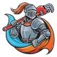 Knight in shining armor with a red wrench, wearing blue and orange cape.