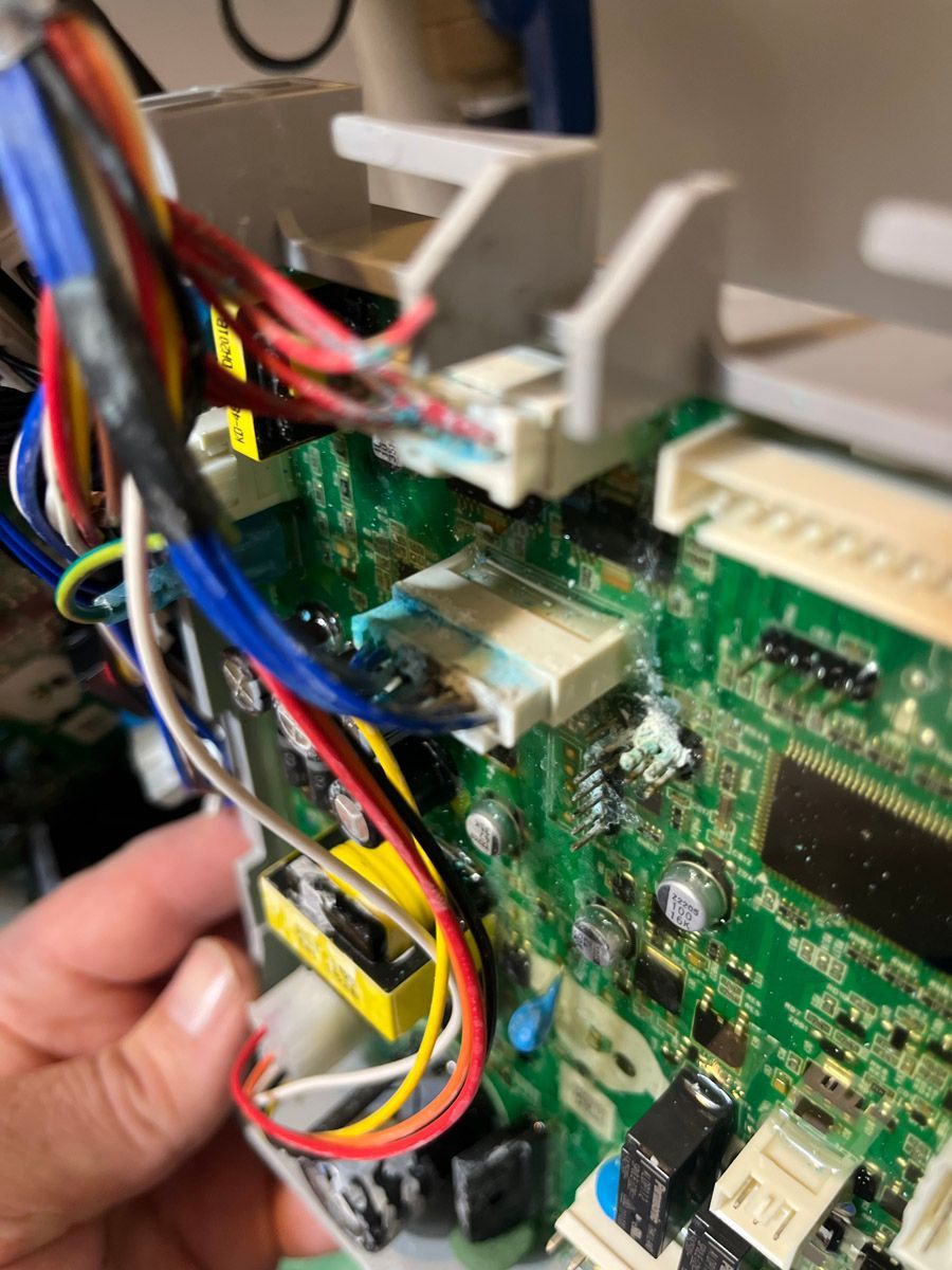 Corrosion found on a boiler control board during diagnosis