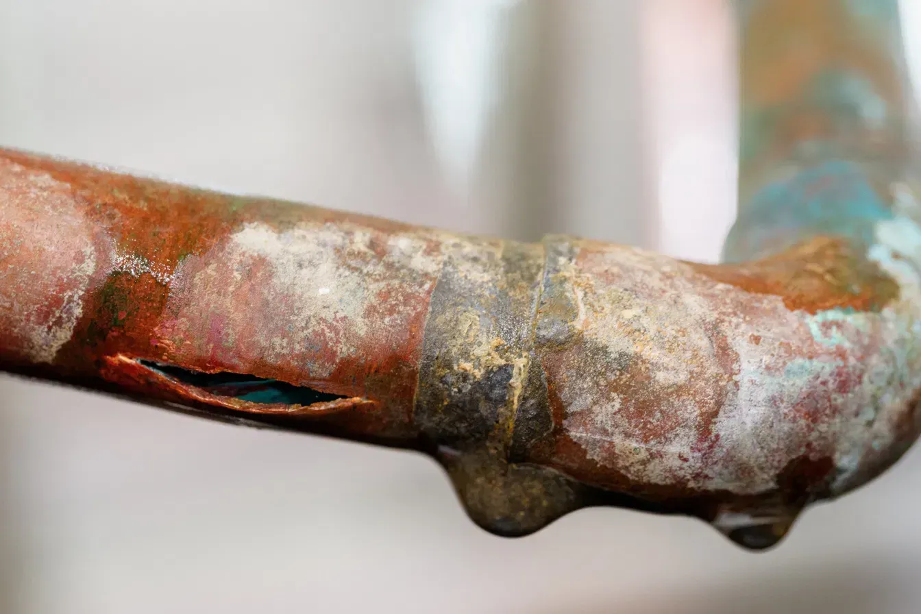 Burst copper water pipe with a split along the line