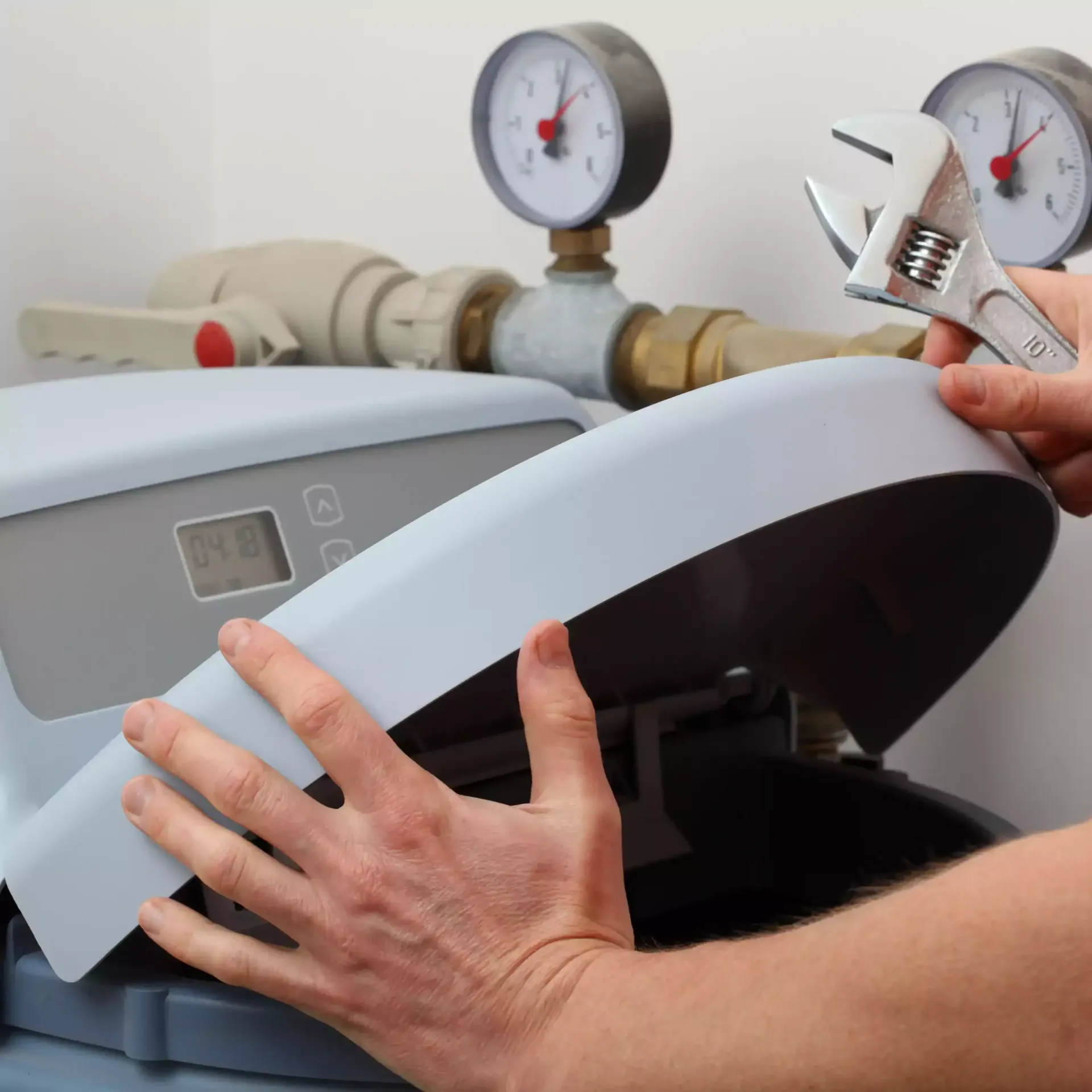 Hands with a wrench near a water softener, gauges in background.
