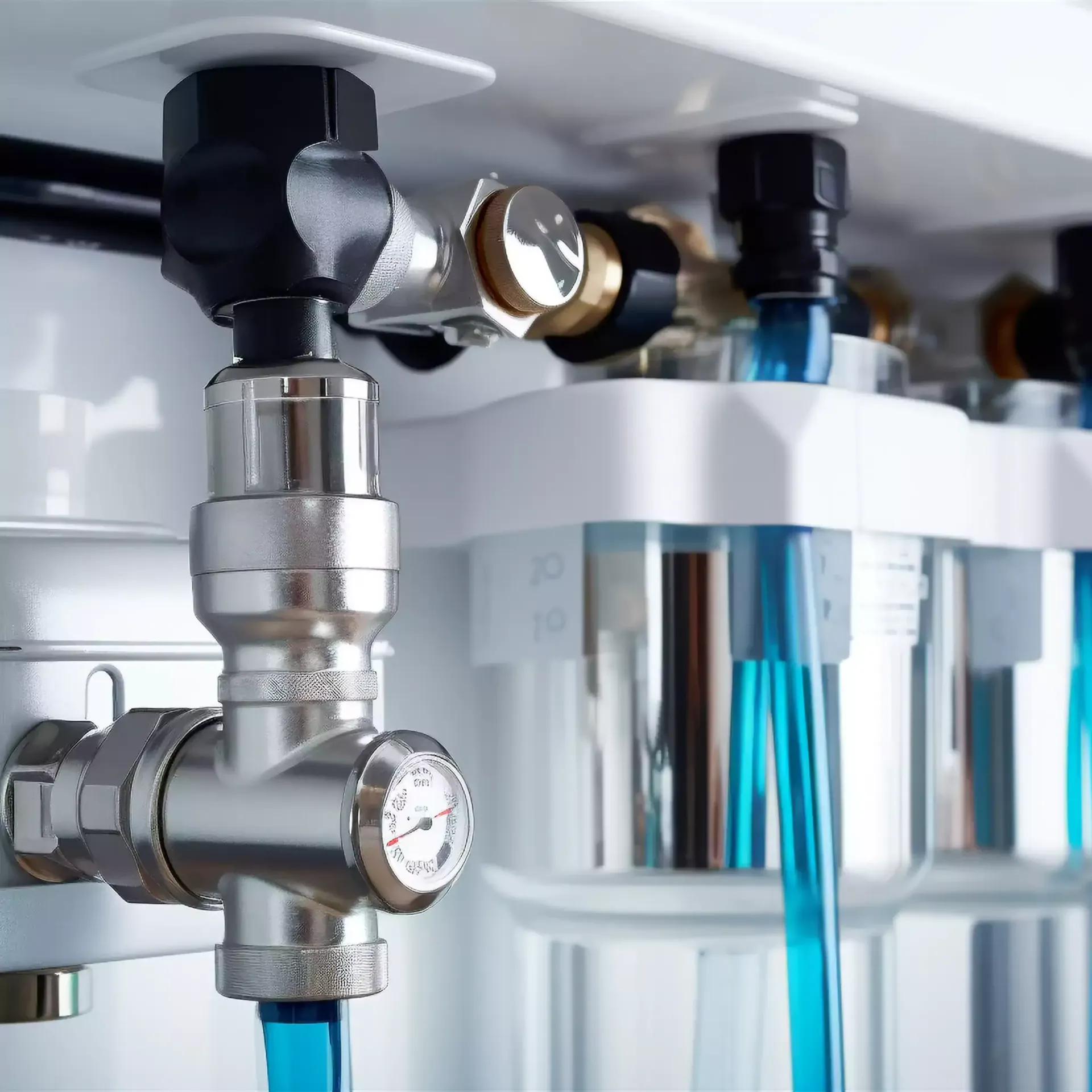Close-up of a water filtration system with transparent blue tubes, metal pipes, and white plastic components.