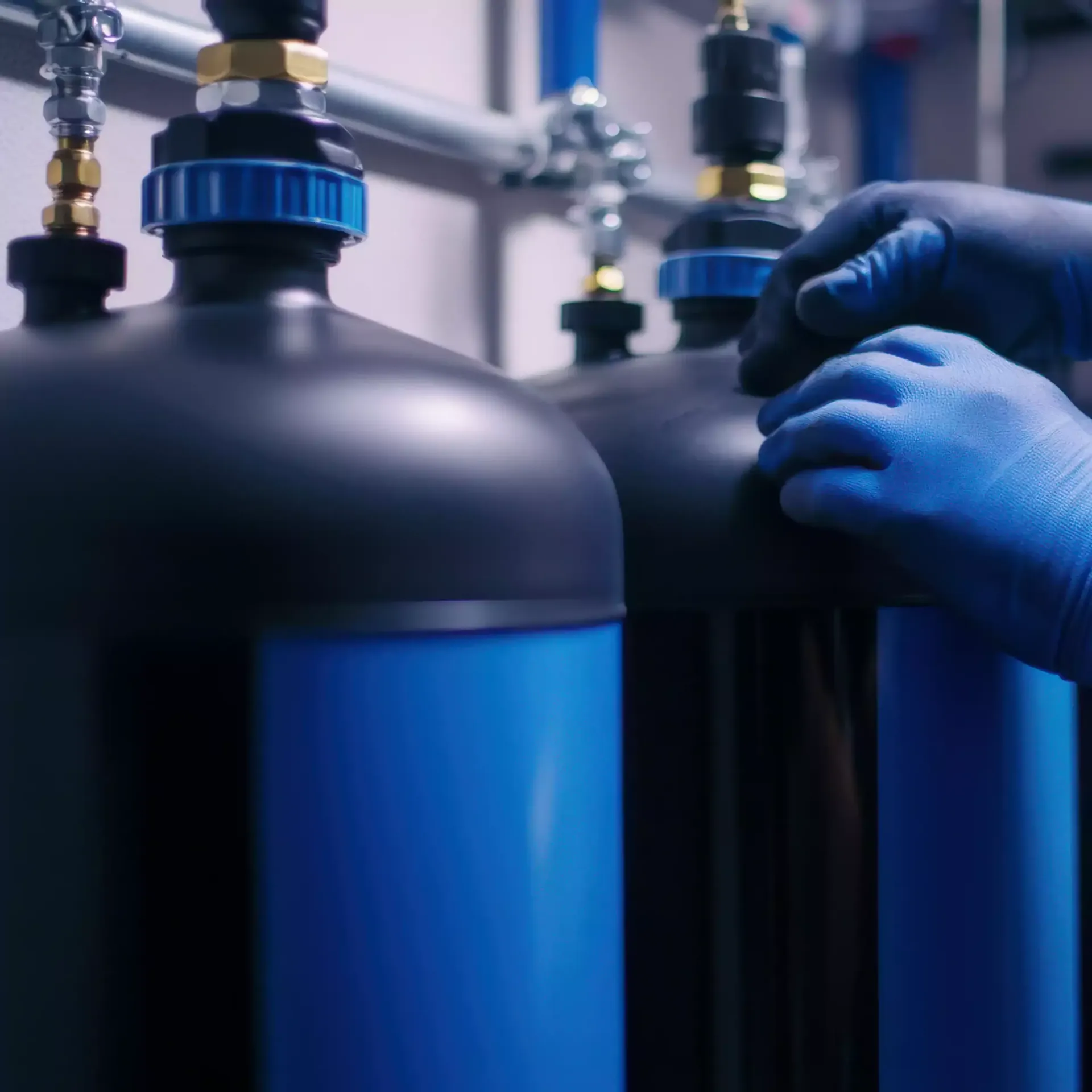 Hands in blue gloves adjusting black cylinders with blue accents.