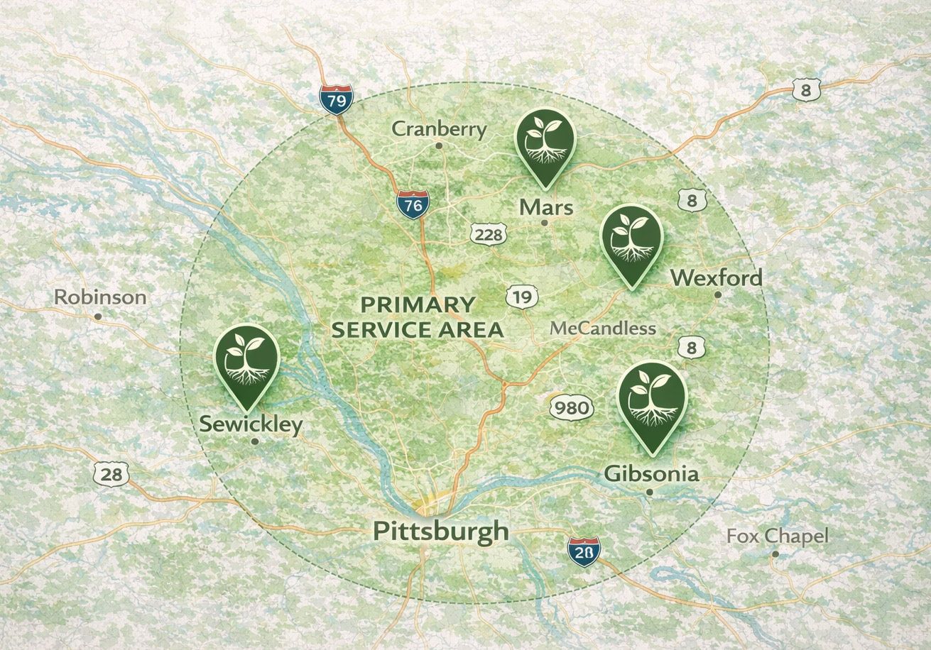 Map of Pittsburgh area with green location pins marking several service areas around the city.