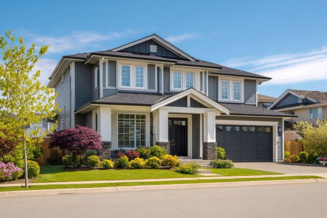 Two-story gray suburban house with a front porch, garage, and neatly landscaped lawn