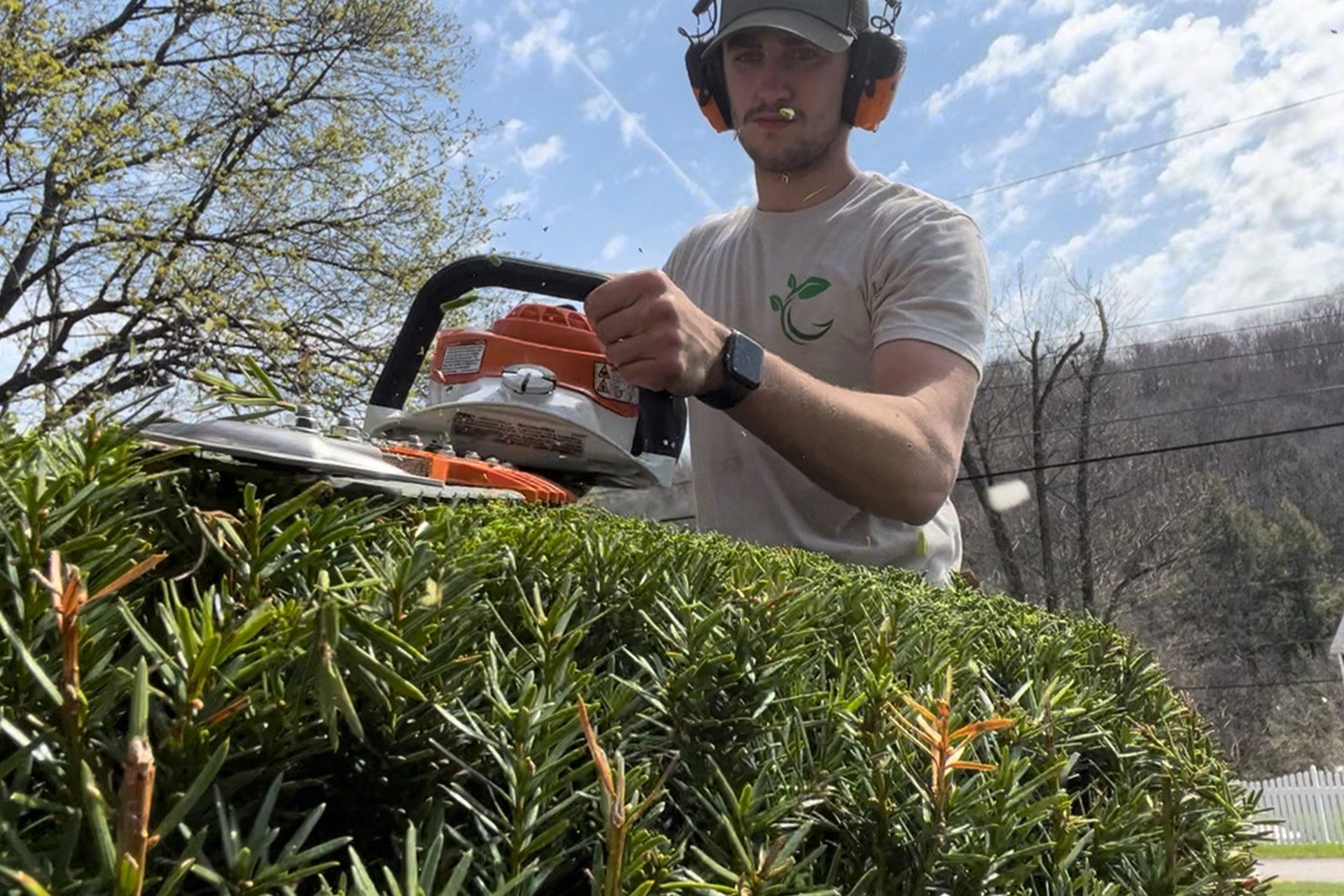 Man trimming hedges with a gas hedge trimmer outdoors under a cloudy sky