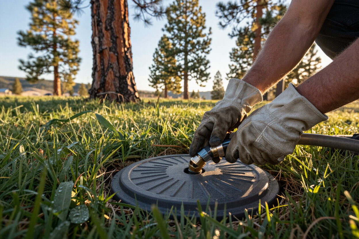 Septic tank pumping technician connecting equipment at a Sunriver Oregon residential property