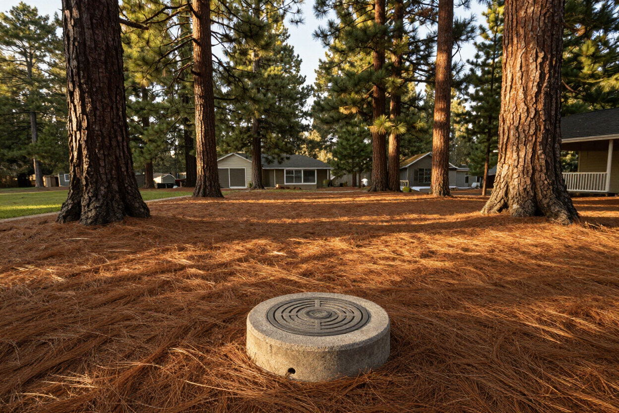 Rural residential property in Gilchrist, Oregon with septic access lid in a pine-covered yard