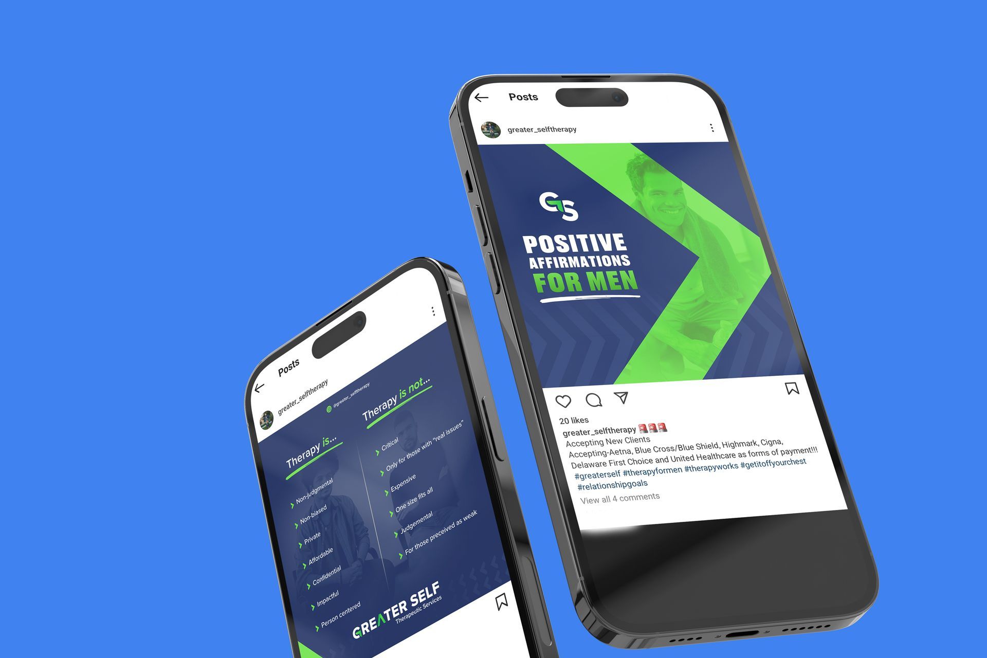 Two cell phones are sitting next to each other on a blue background.