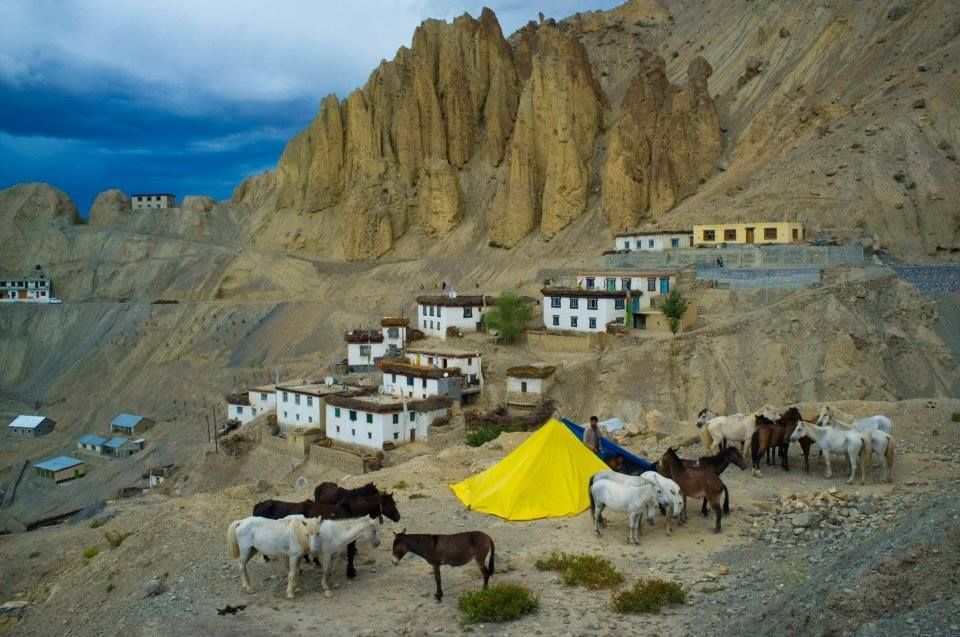 Herd of horses near yellow tent and white houses at a rocky mountain village under cloudy sky