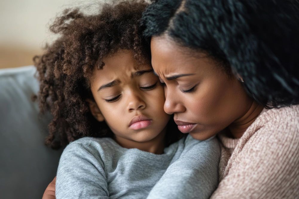 A woman is hugging a little girl on a couch.