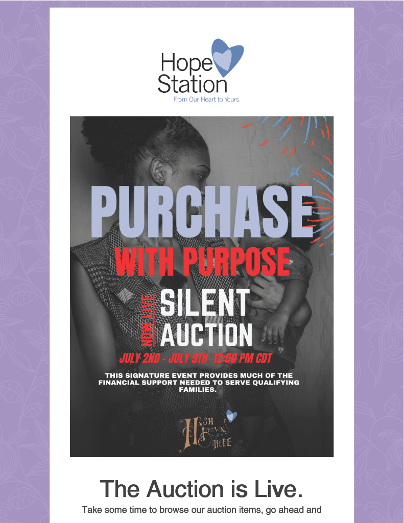 A poster that says purchase with purpose silent auction