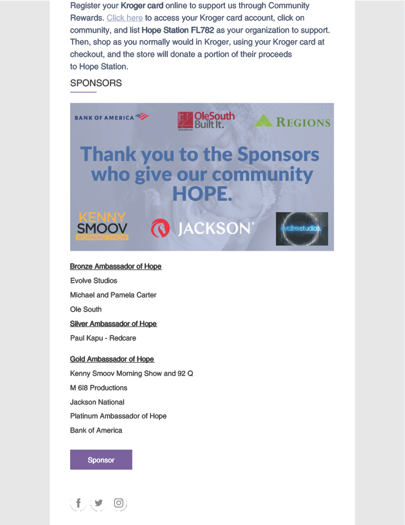 A thank you to the sponsors who give our community hope email.