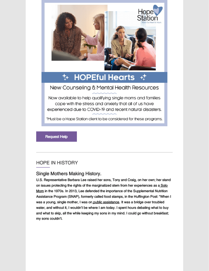 A screenshot of a newsletter for hopeful hearts.