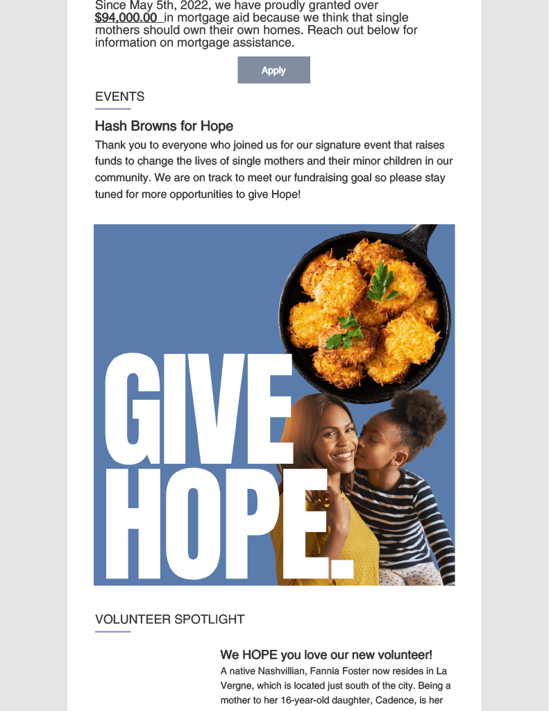 An email with a picture of a woman and a child and the words `` give hope ''.