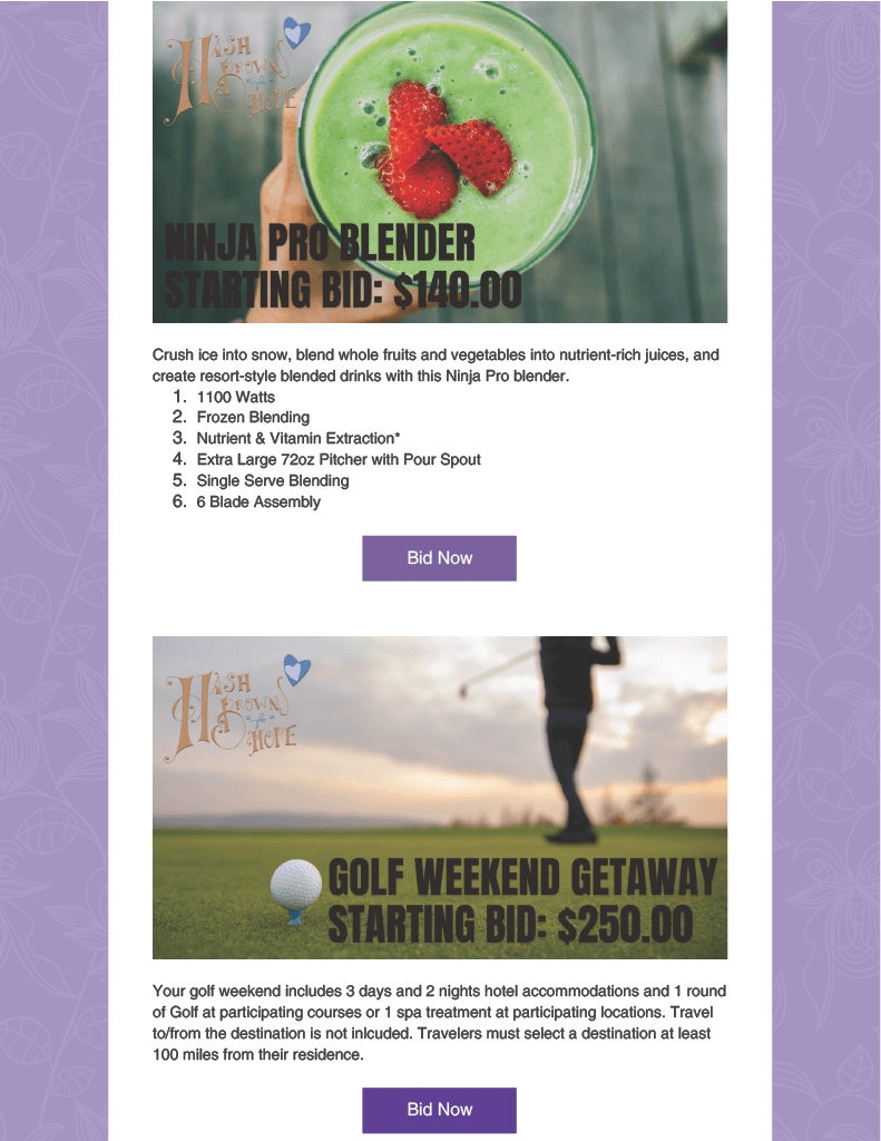 A purple email with a picture of a smoothie and a man playing golf.