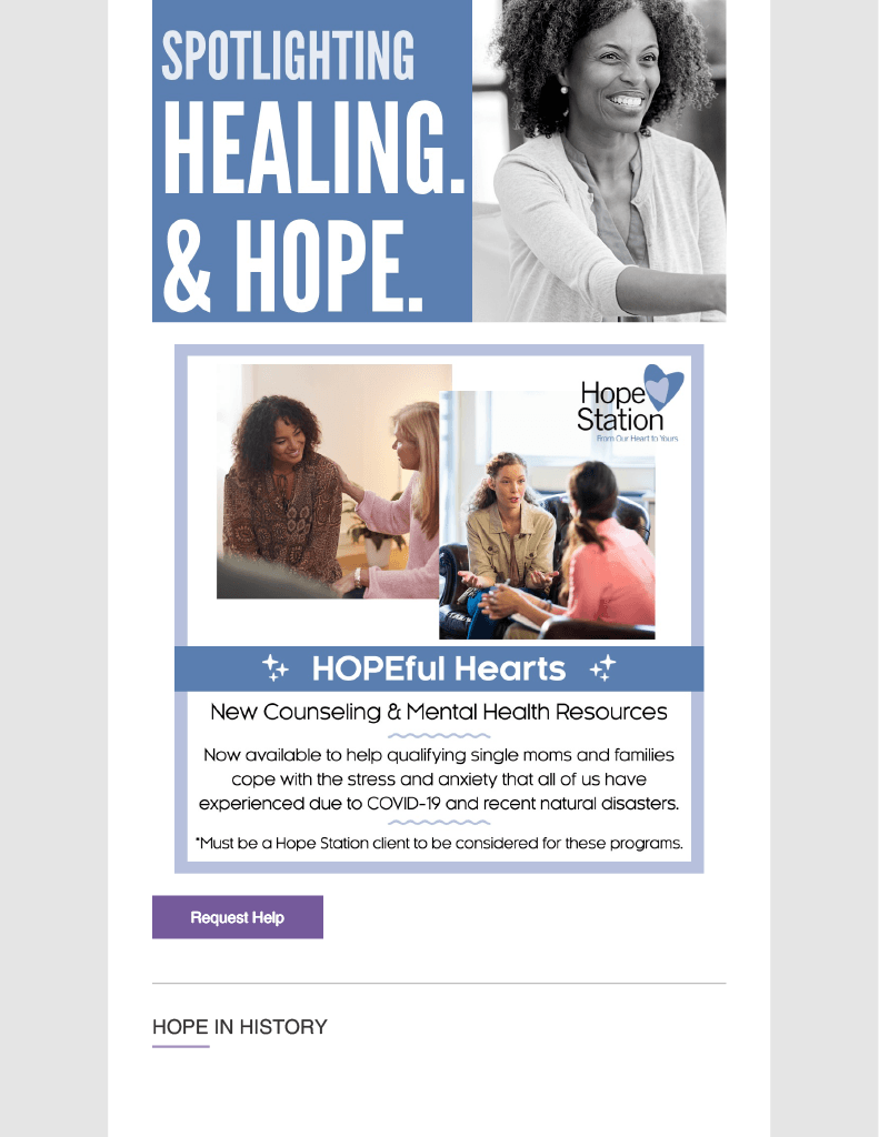 A screenshot of a spotlighting healing and hope email.