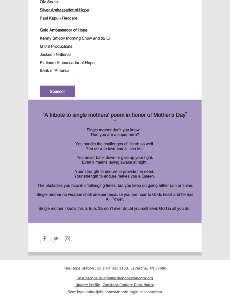 A screenshot of an email with a purple background and a purple button.