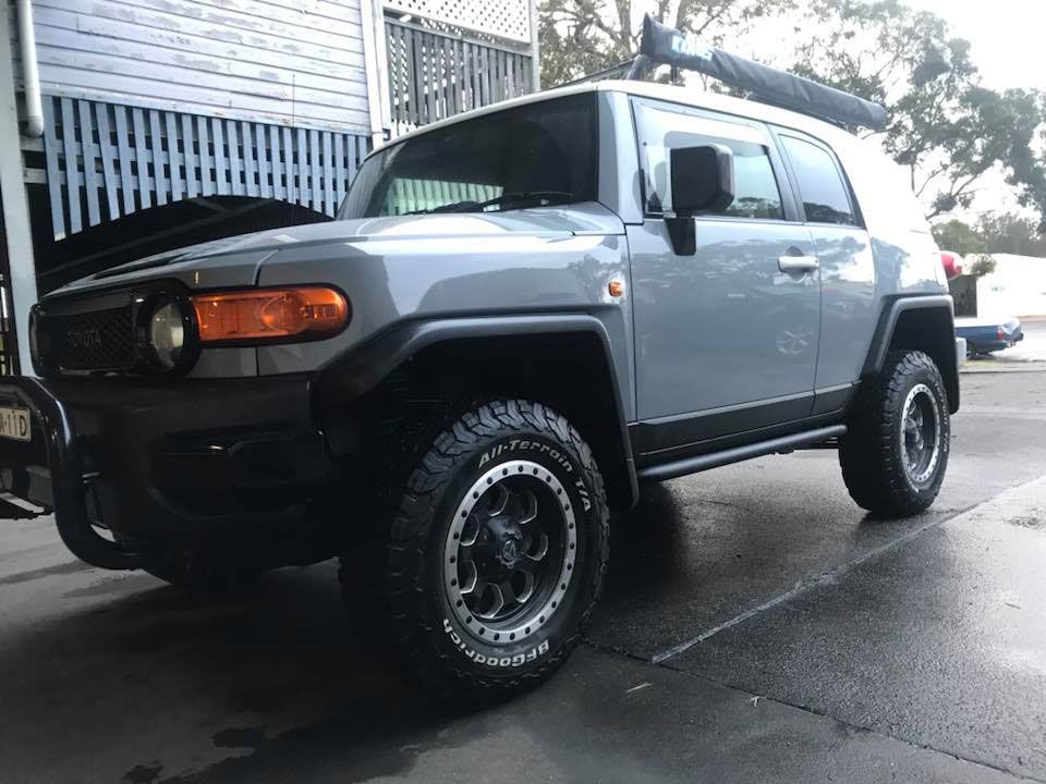 Grey Toyota FJ Cruiser fitted with BFGoodrich all-terrain tyres at a tyre shop in Lismore