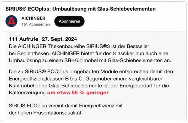 AICHINGER SIRIUS ECOplus – Screenshot der YouTube-Beschreibung des Herstellers